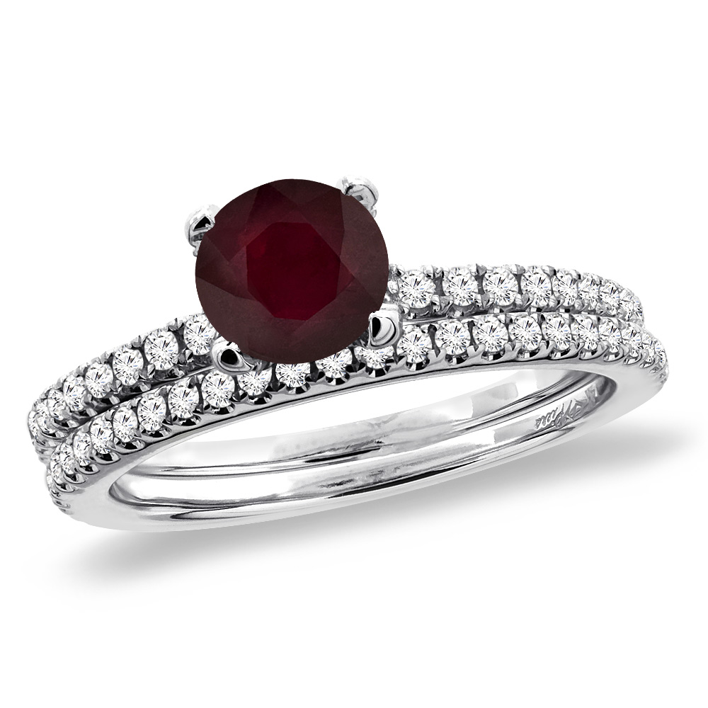 14K White Gold Diamond Enhanced Genuine Ruby 2pc Engagement Ring Set Round 5 mm, sizes 5-10