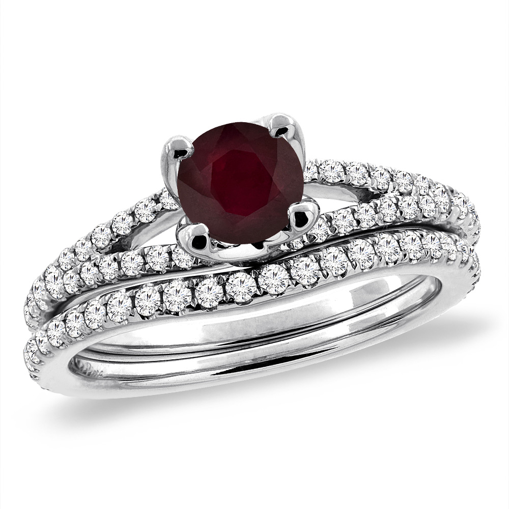 14K White Gold Diamond Enhanced Genuine Ruby 2pc Engagement Ring Set Round 5 mm, sizes 5-10