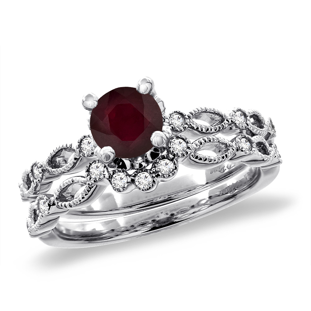 14K White Gold Diamond Enhanced Genuine Ruby 2pc Engagement Ring Set Round 5 mm, sizes 5 - 10