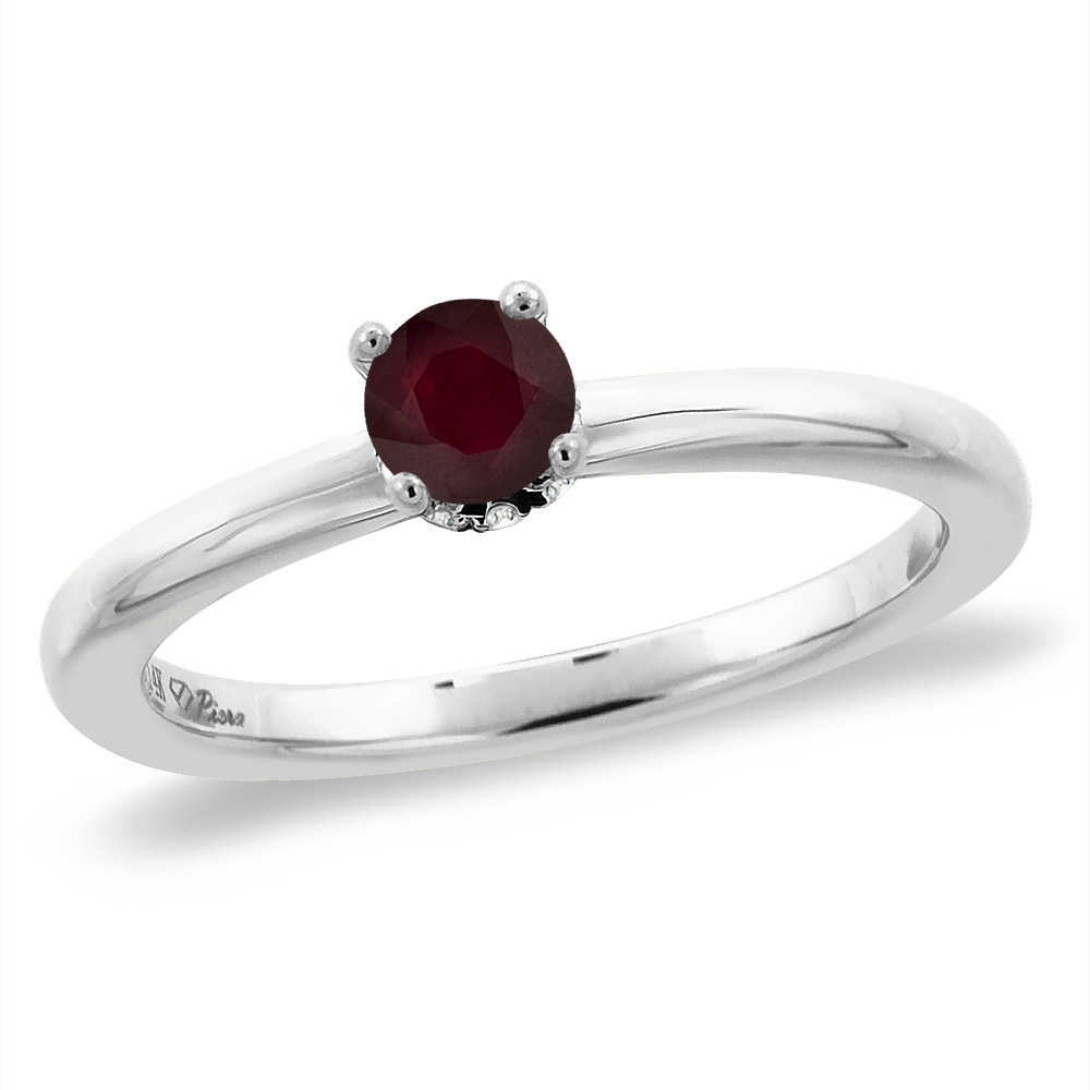 14K White Gold Diamond Enhanced Genuine Ruby Solitaire Engagement Ring Round 5 mm, sizes 5 -10