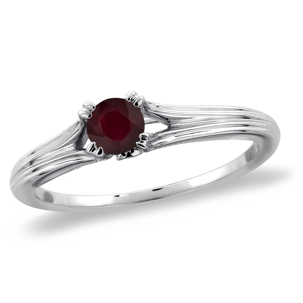 14K White Gold Diamond Enhanced Genuine Ruby Solitaire Engagement Ring Round 5 mm, sizes 5 -10