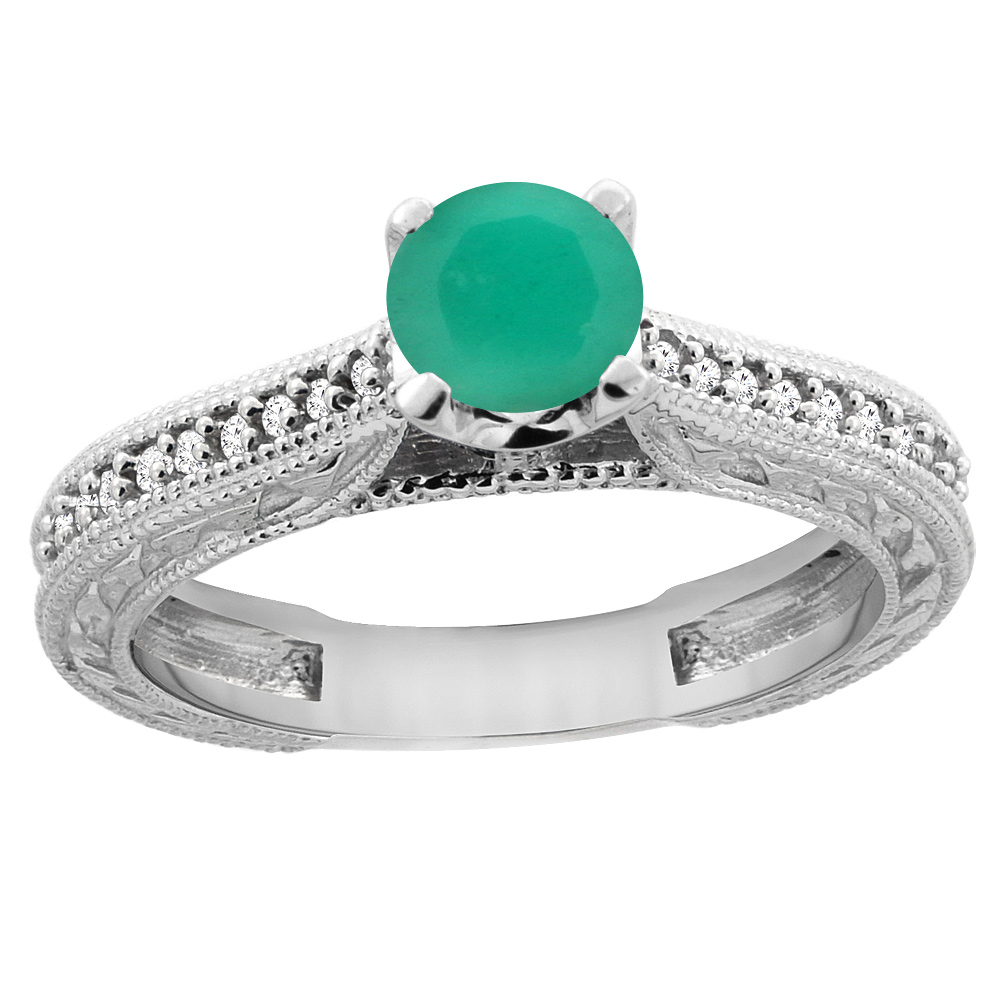 14K White Gold Natural Emerald Round 5mm Engraved Engagement Ring Diamond Accents, sizes 5 - 10