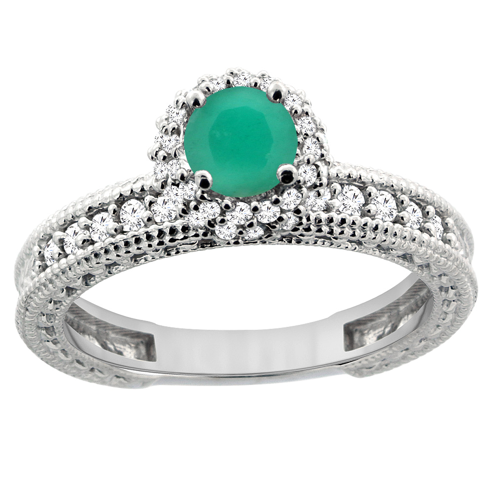 14K White Gold Natural Emerald Round 5mm Engagement Ring Diamond Accents, sizes 5 - 10