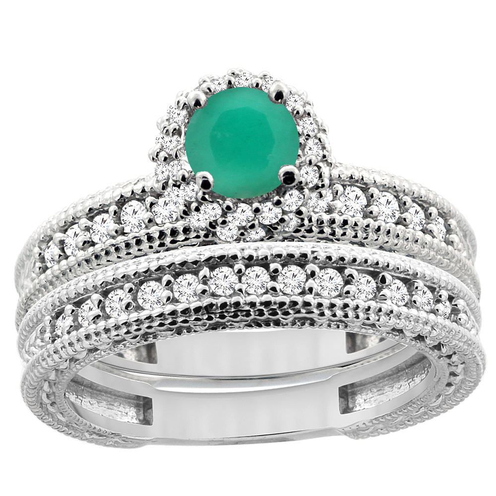 14K White Gold Diamond Natural Emerald Round 4mm Engagement Ring 2-piece Set, sizes 5 - 10