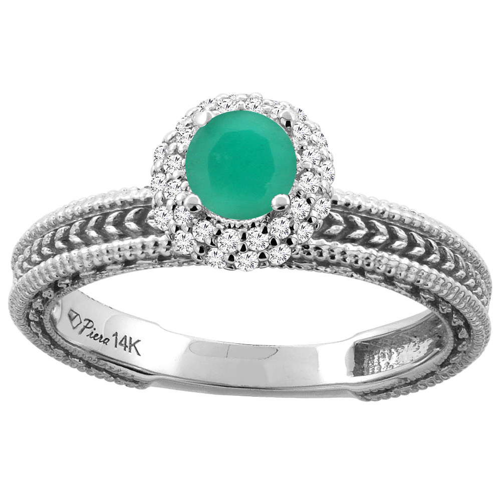 14K White Gold Natural Emerald &amp; Diamond Engagement Ring Round 5 mm, sizes 5-10