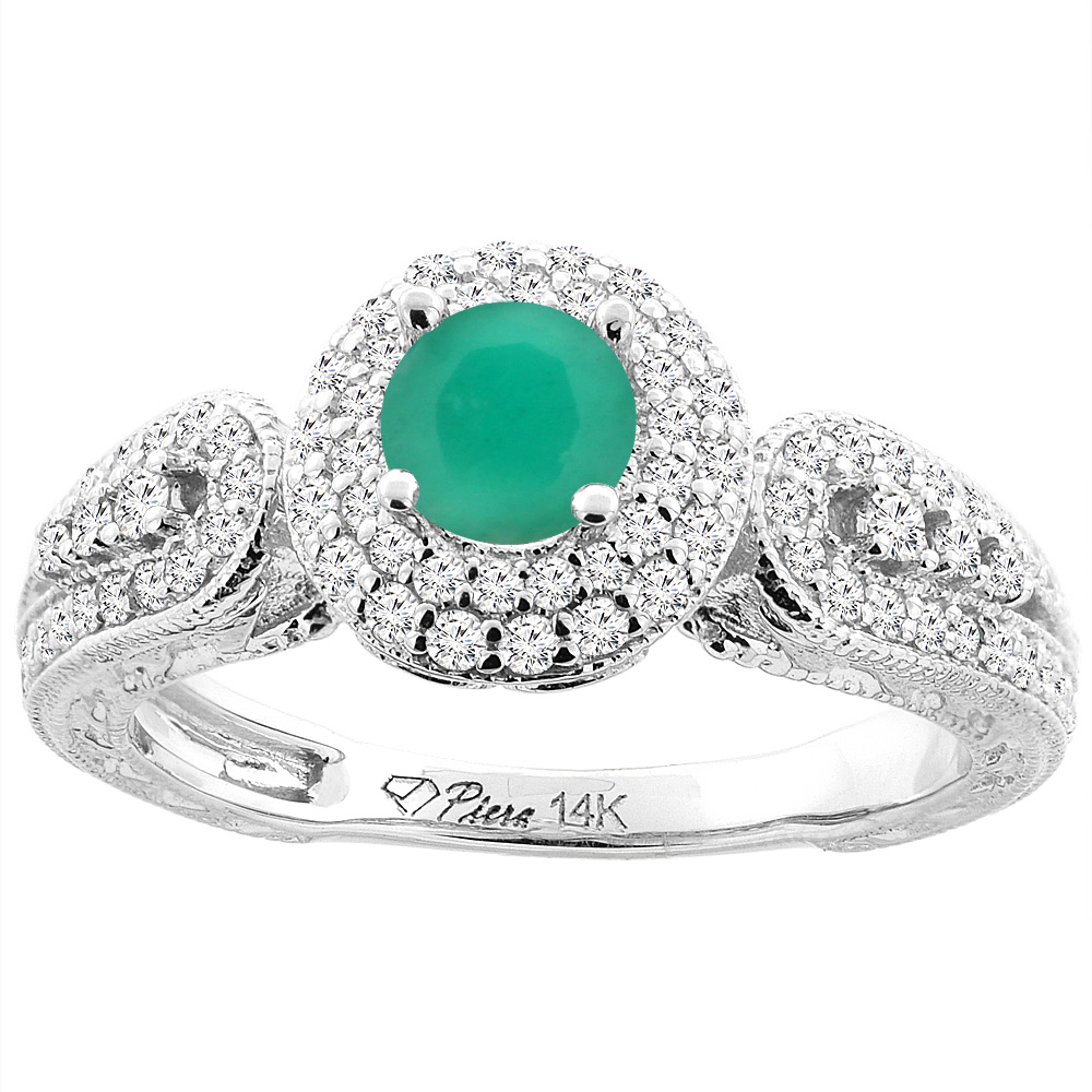 14K White Gold Natural Emerald &amp; Diamond Halo Ring Round 5 mm, sizes 5-10