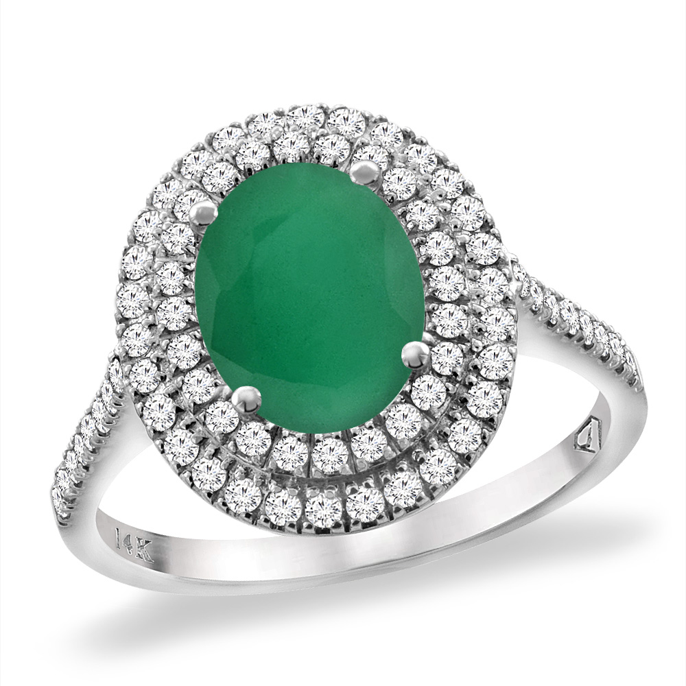 14K White Gold Natural Emerald Two Halo Diamond Engagement Ring 9x7 mm Oval, sizes 5 -10