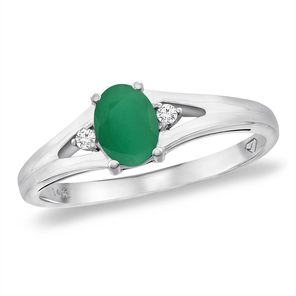14K White Gold Diamond Natural Emerald Engagement Ring Oval 6x4 mm, sizes 5 -10