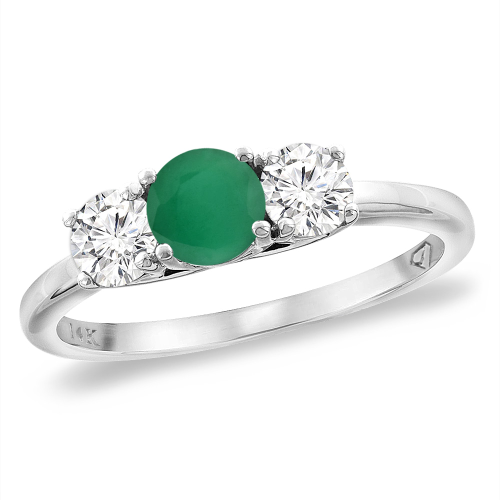 14K White Gold Diamond Natural Emerald Engagement Ring 5mm Round, sizes 5 -10