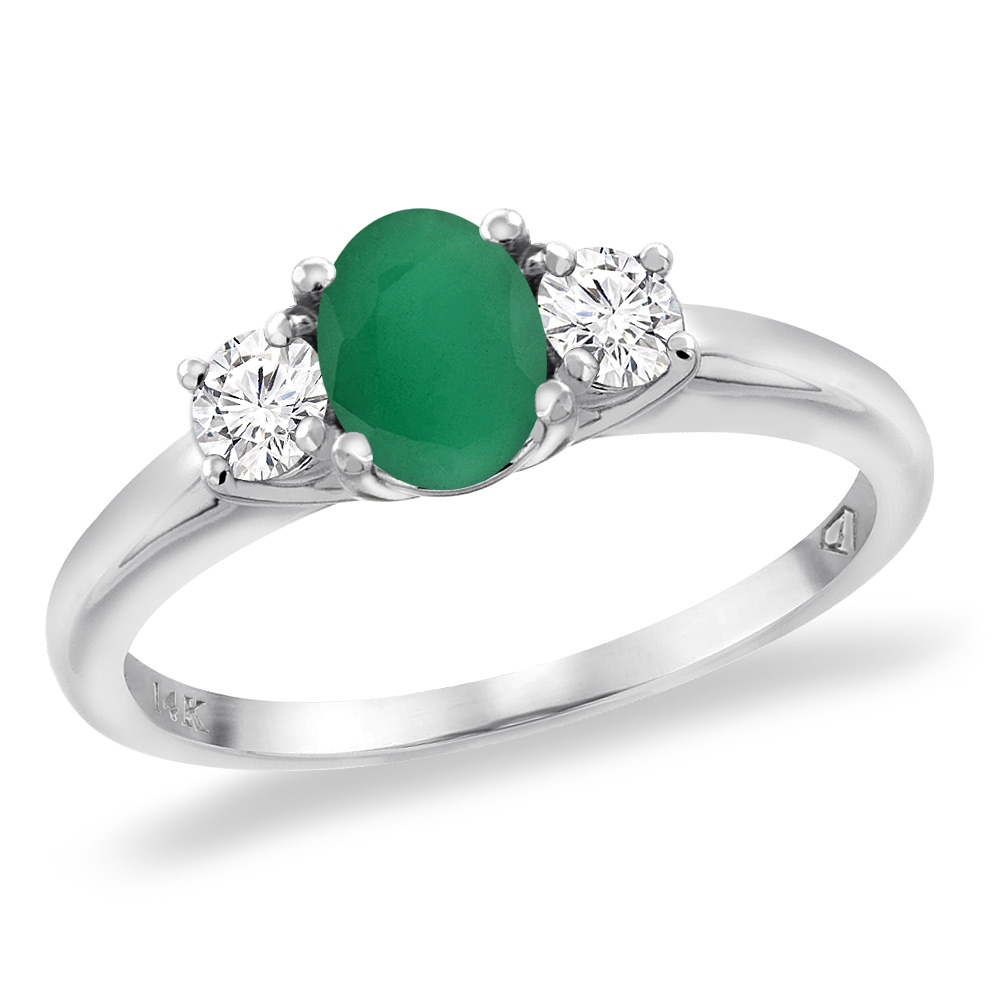 14K White Gold Natural Emerald Engagement Ring Diamond Accents Oval 7x5 mm, sizes 5 -10