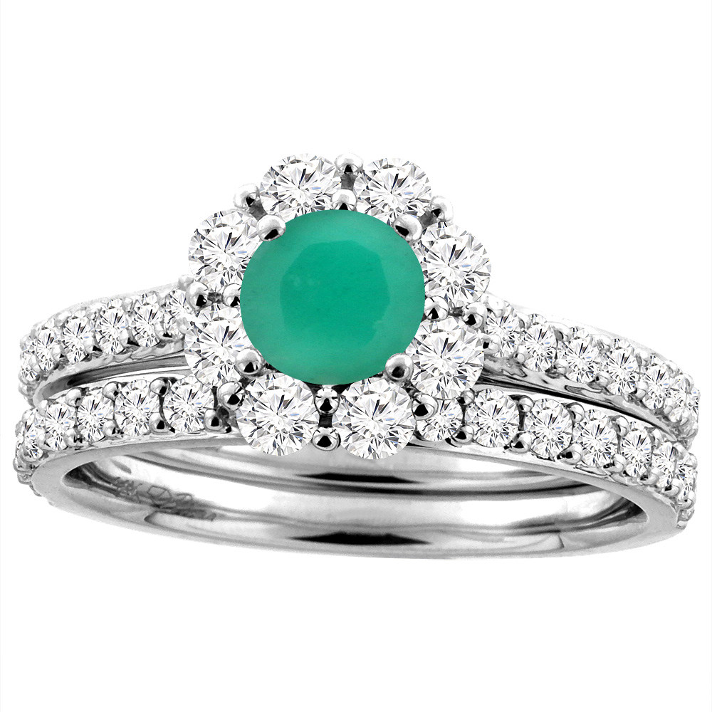 14K White Gold Diamond Natural Emerald Halo Engagement Ring Set Round 5 mm, sizes 5-10