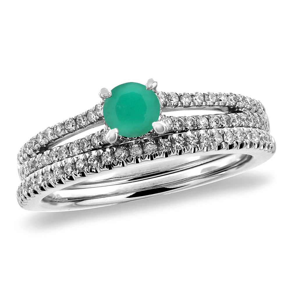 14K White Gold Diamond Natural Emerald 2pc Engagement Ring Set Round 5 mm, sizes 5-10