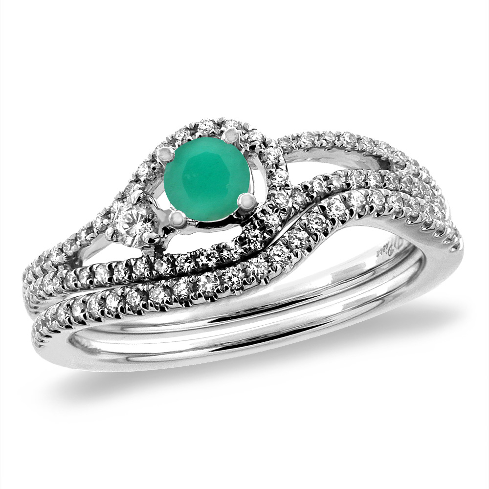 14K White Gold Diamond Natural Emerald 2pc Engagement Ring Set Round 5 mm, sizes 5-10