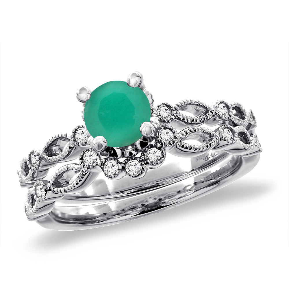 14K White Gold Diamond Natural Emerald 2pc Engagement Ring Set Round 5 mm, sizes 5 - 10