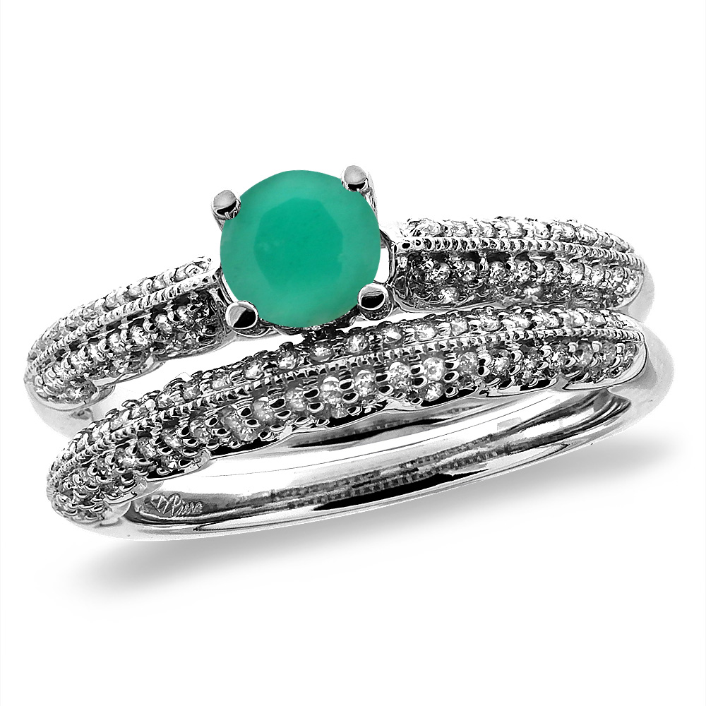 14K White/Yellow Gold Diamond Natural Emerald 2pc Engagement Ring Set Round 5 mm, sizes 5-10