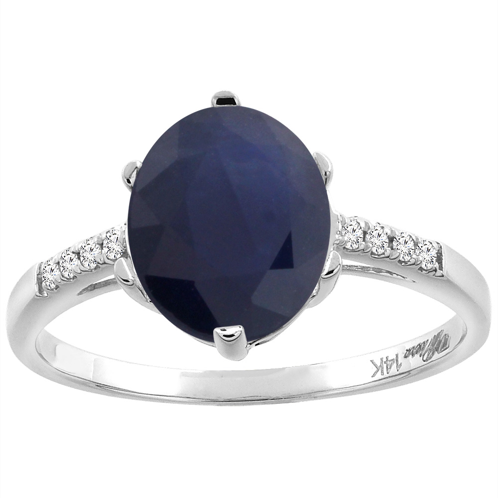 14K White Gold Natural Blue Sapphire &amp; Diamond Ring Oval 10x8 mm, sizes 5-10