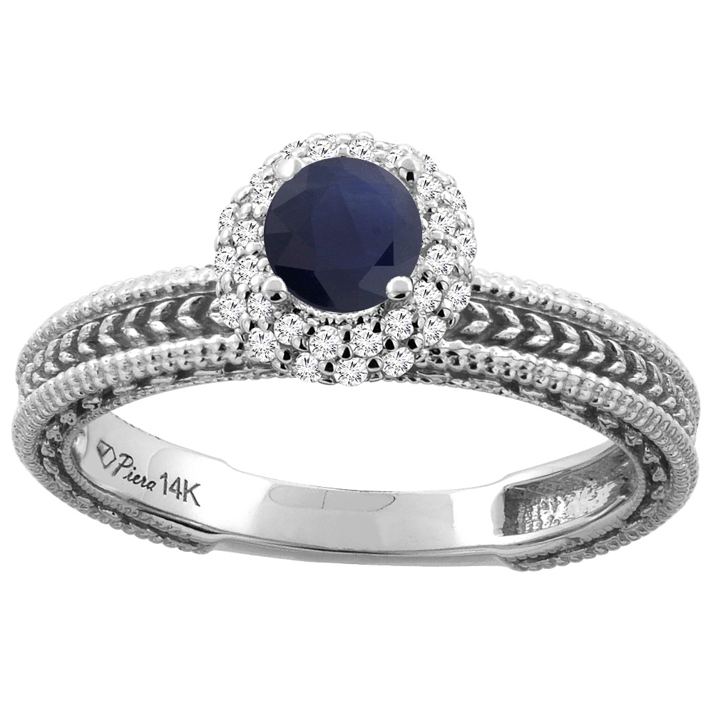14K White Gold Natural Blue Sapphire &amp; Diamond Engagement Ring Round 5 mm, sizes 5-10