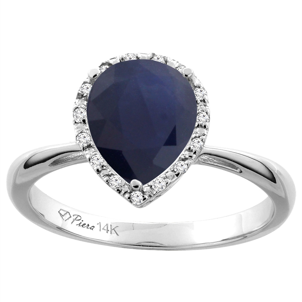 14K White Gold Natural Blue Sapphire & Diamond Halo Engagement Ring Pear Shape 9x7 mm, sizes 5-10