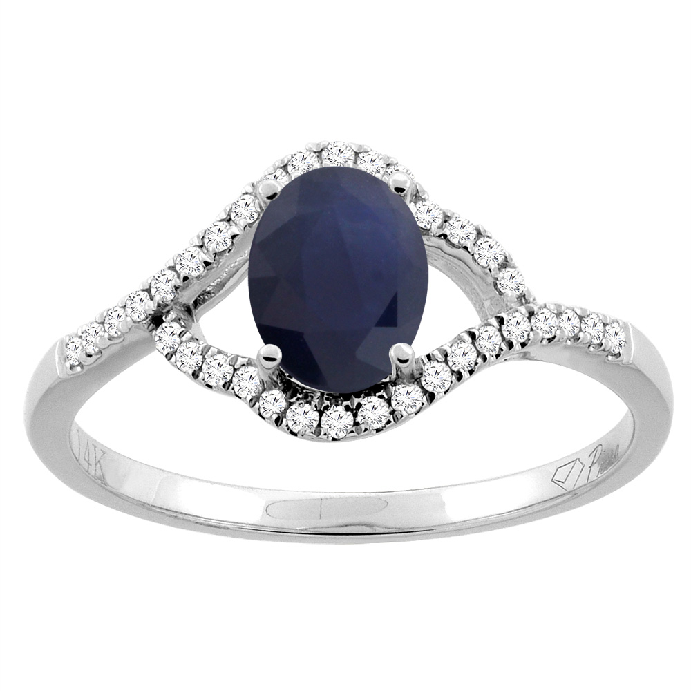 14K Gold Diamond Natural Quality Blue Sapphire Engagement Ring Oval 7x5 mm, size 5 - 10