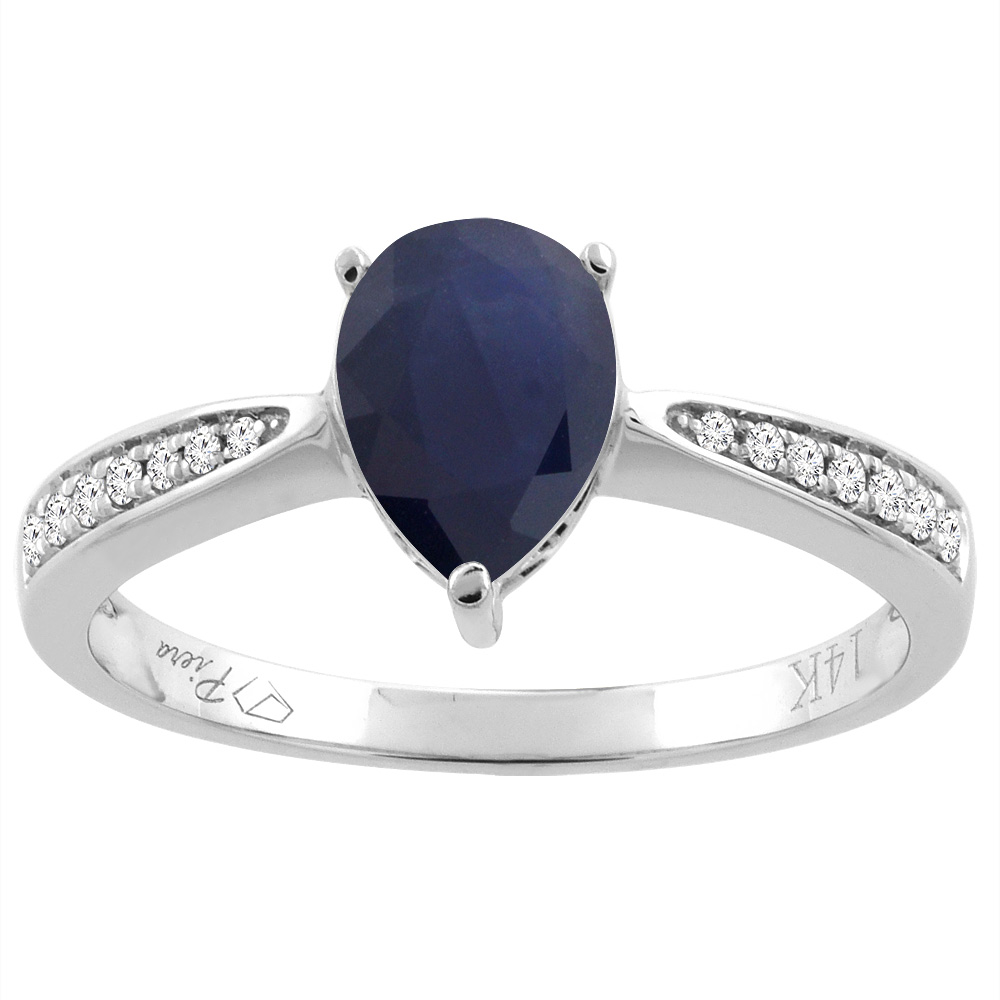 14K Gold Natural Blue Sapphire Ring Pear Shape 8x6 mm Diamond Accents, sizes 5 - 10