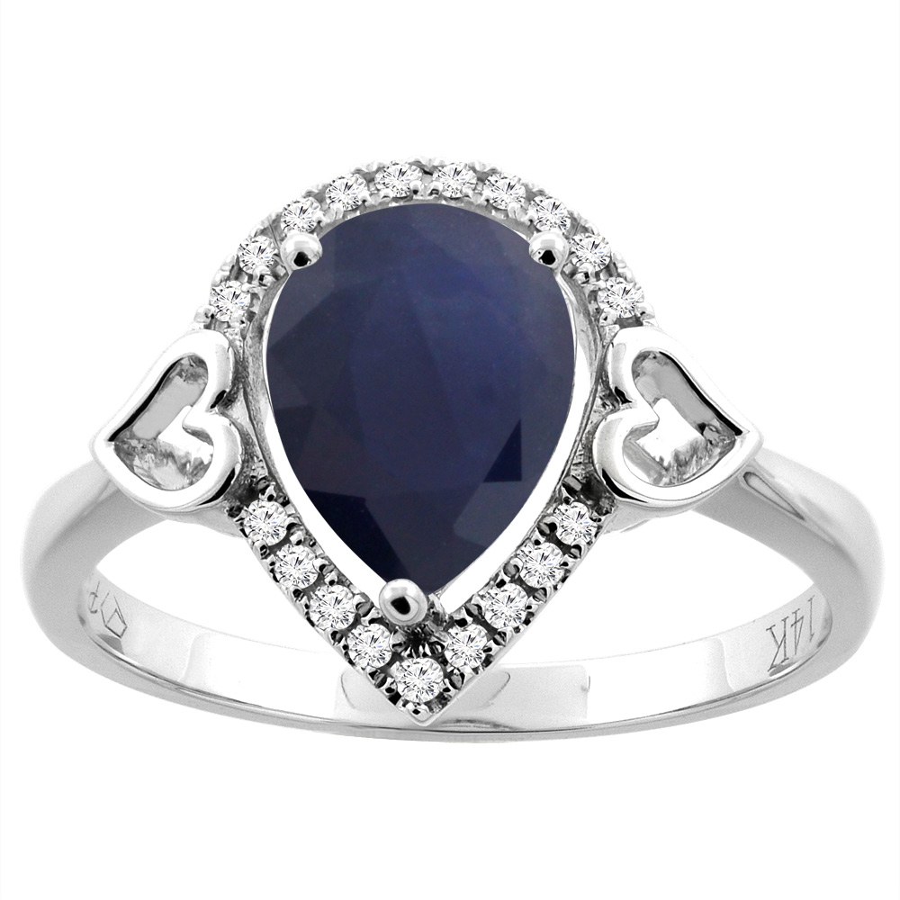 14K Gold Natural Blue Sapphire Ring Pear Shape 9x7 mm Diamond Accents, sizes 5 - 10