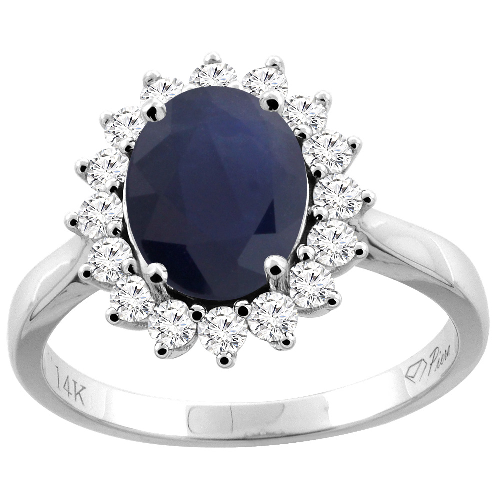 14K Gold Natural Blue Sapphire Ring Oval 9x7 mm Diamond Accents, sizes 5 - 10