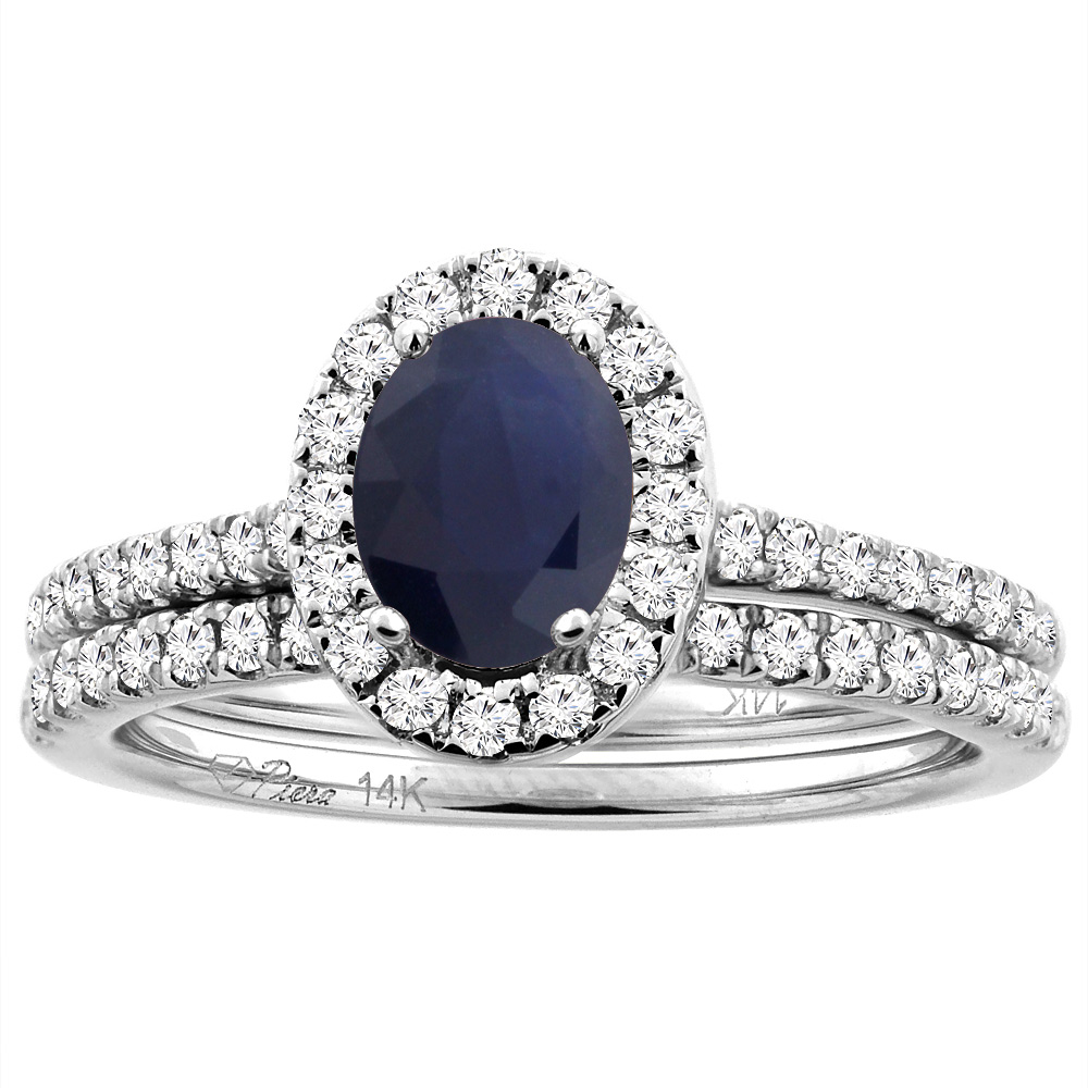 14K White/Yellow Gold Diamond Halo Natural Blue Sapphire 2pc Engagement Ring Set Oval 7x5 mm, sizes 5-10