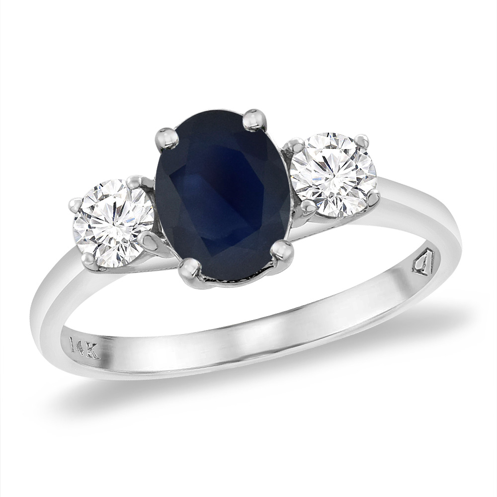 14K White Gold Natural Australian Sapphire & 2pc. Diamond Engagement Ring Oval 8x6 mm, sizes 5 -10