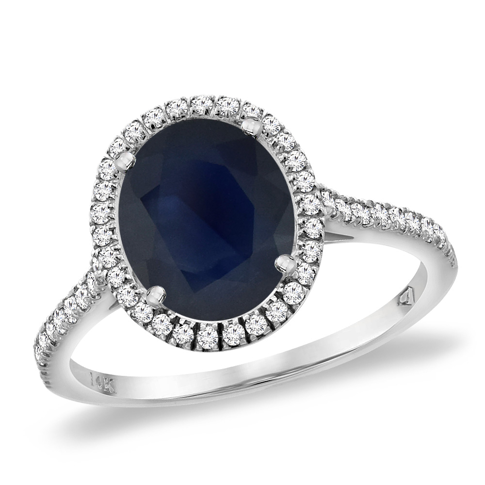 14K White Gold Natural Blue Sapphire Diamond Halo Engagement Ring 10x8 mm Oval, sizes 5 -10