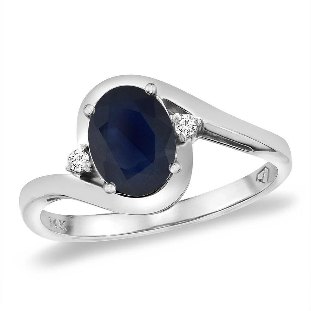 14K White Gold Diamond Natural Blue Sapphire Bypass Engagement Ring Oval 8x6 mm, sizes 5 -10