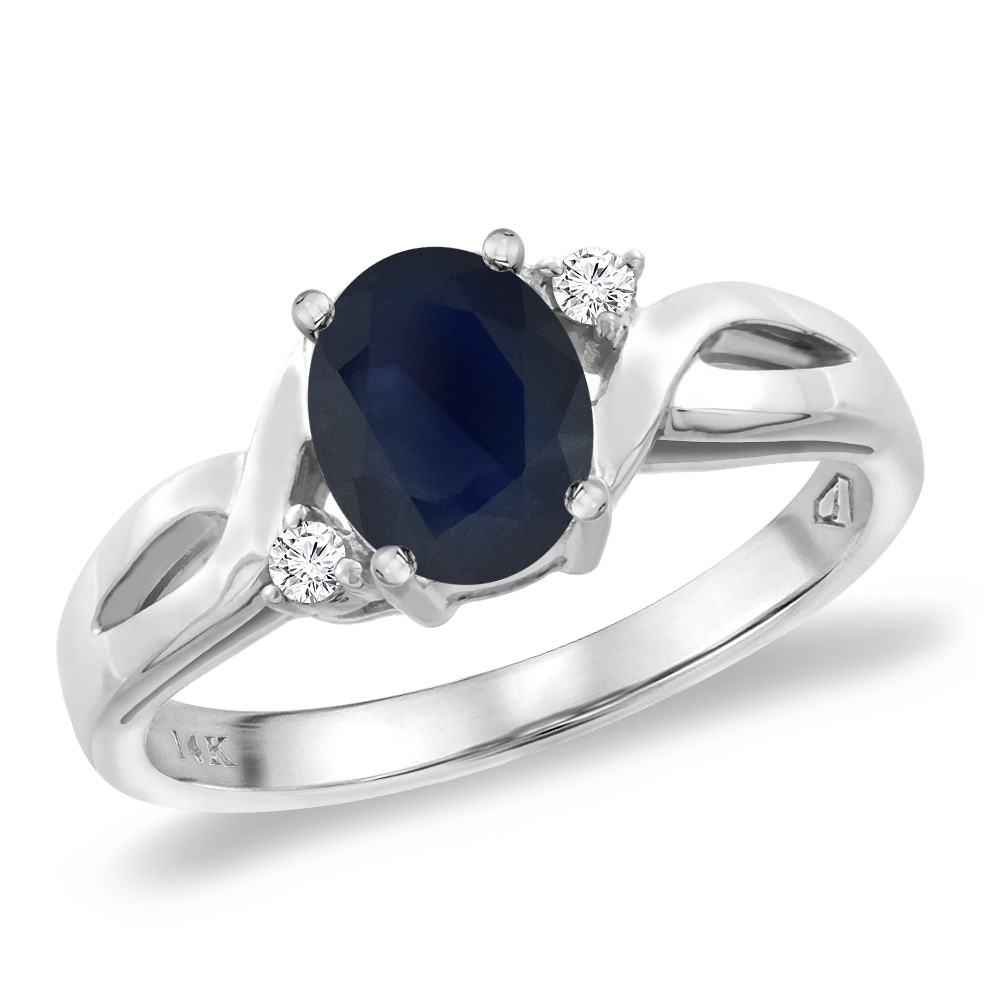 14K White Gold Diamond Natural Blue Sapphire Engagement Ring Oval 8x6 mm, sizes 5 -10