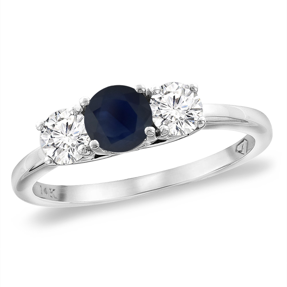 14K White Gold Diamond Natural Blue Sapphire Engagement Ring 5mm Round, sizes 5 -10