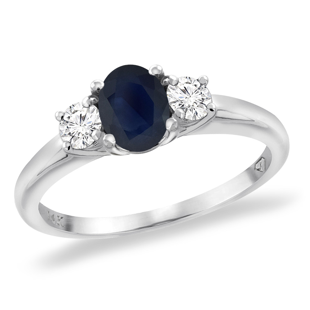 14K White Gold Natural Blue Sapphire Engagement Ring Diamond Accents Oval 7x5 mm, sizes 5 -10