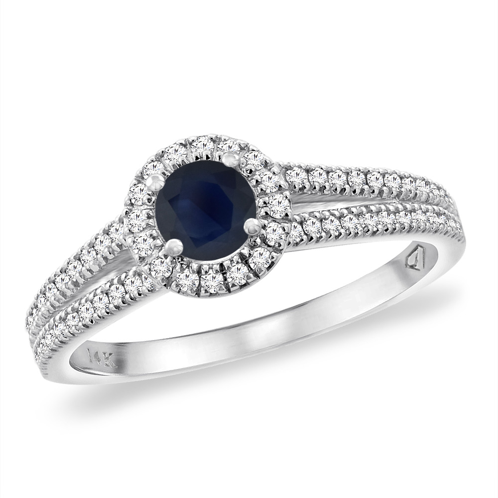 14K White Gold Natural Blue Sapphire Split Shank Diamond Halo Engagement Ring 4mm Round, sizes 5 -10