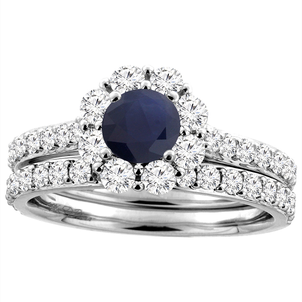 14K White Gold Diamond Natural Blue Sapphire Halo Engagement Ring Set Round 5 mm, sizes 5-10