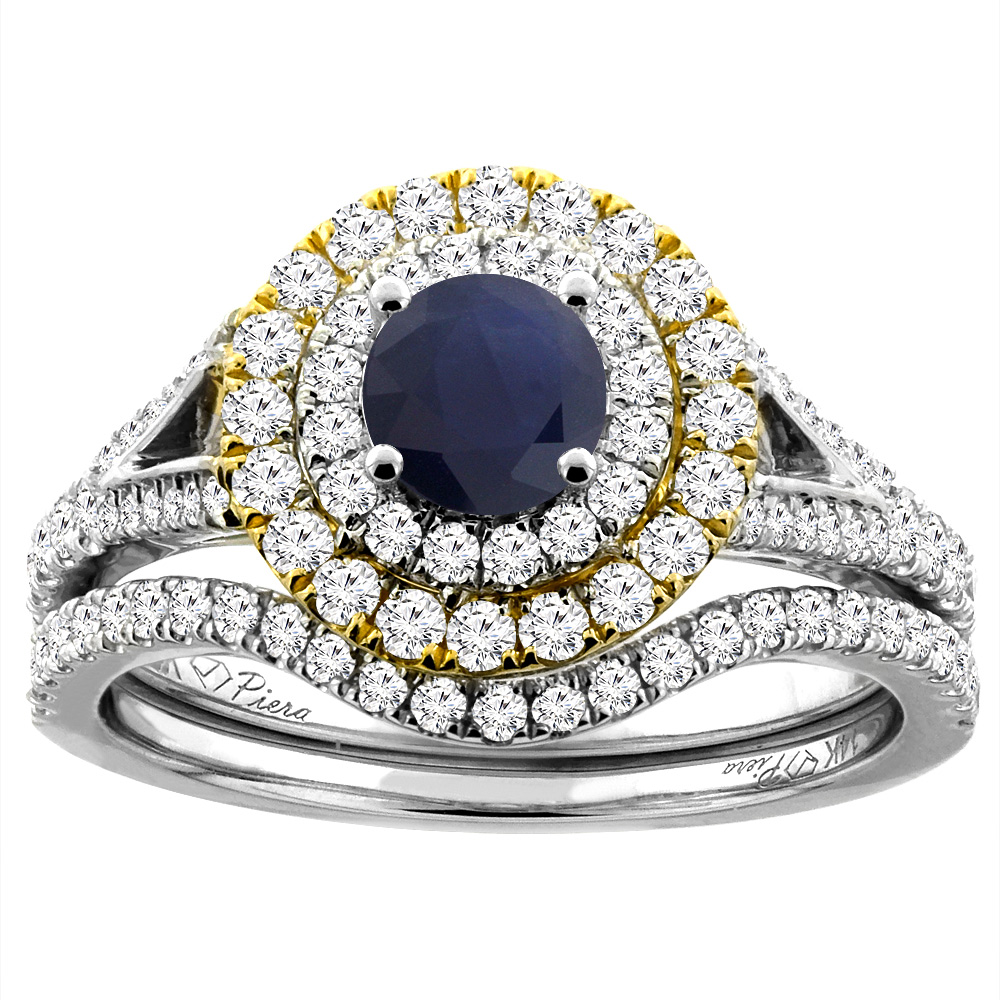 14K White Gold Diamond Natural Blue Sapphire Halo Engagement Bridal Ring Set Round 5 mm, sizes 5-10