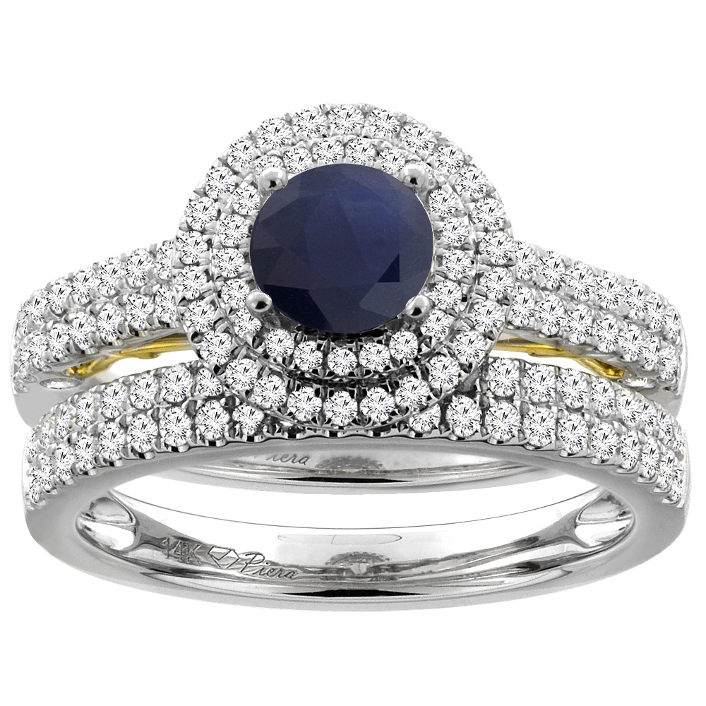 14K White Gold Diamond Natural quality Blue Sapphire Halo Engagement Ring Set Round 6 mm, sizes 5-10