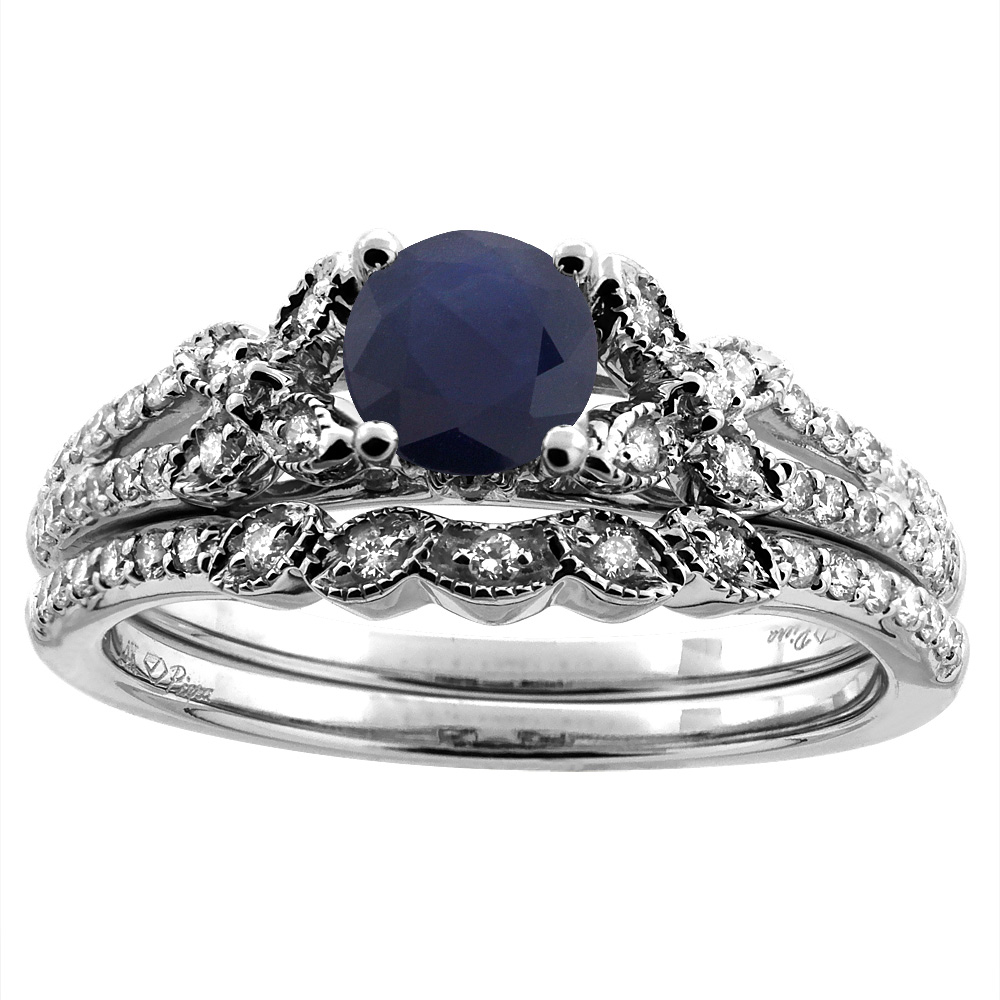 14K White/Yellow Gold Floral Diamond Natural Blue Sapphire 2pc Engagement Ring Set Round 5 mm, sizes 5-10
