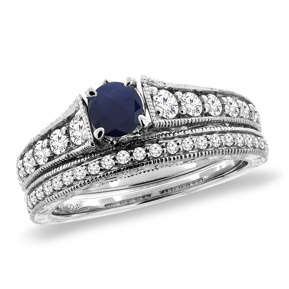 14K White Gold Diamond Natural Blue Sapphire 2pc Engagement Ring Set Round 5 mm, sizes 5-10