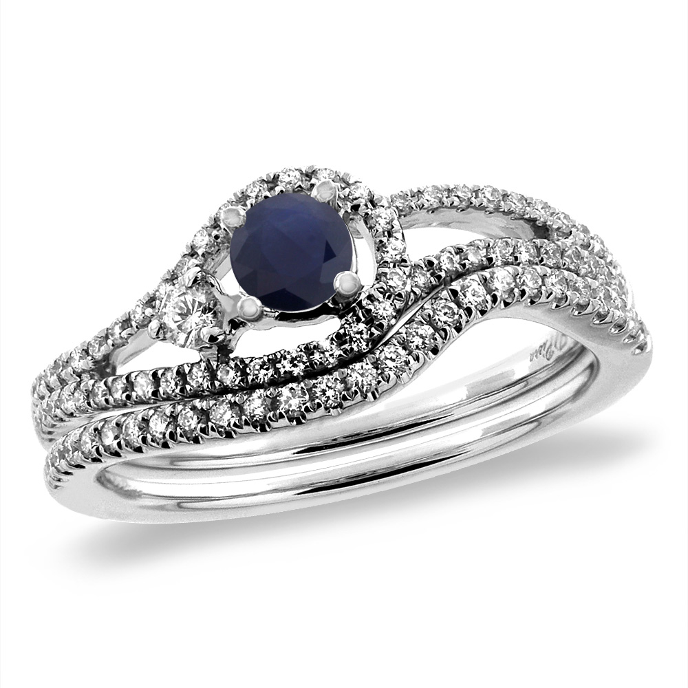 14K White Gold Diamond Natural Blue Sapphire 2pc Engagement Ring Set Round 5 mm, sizes 5-10