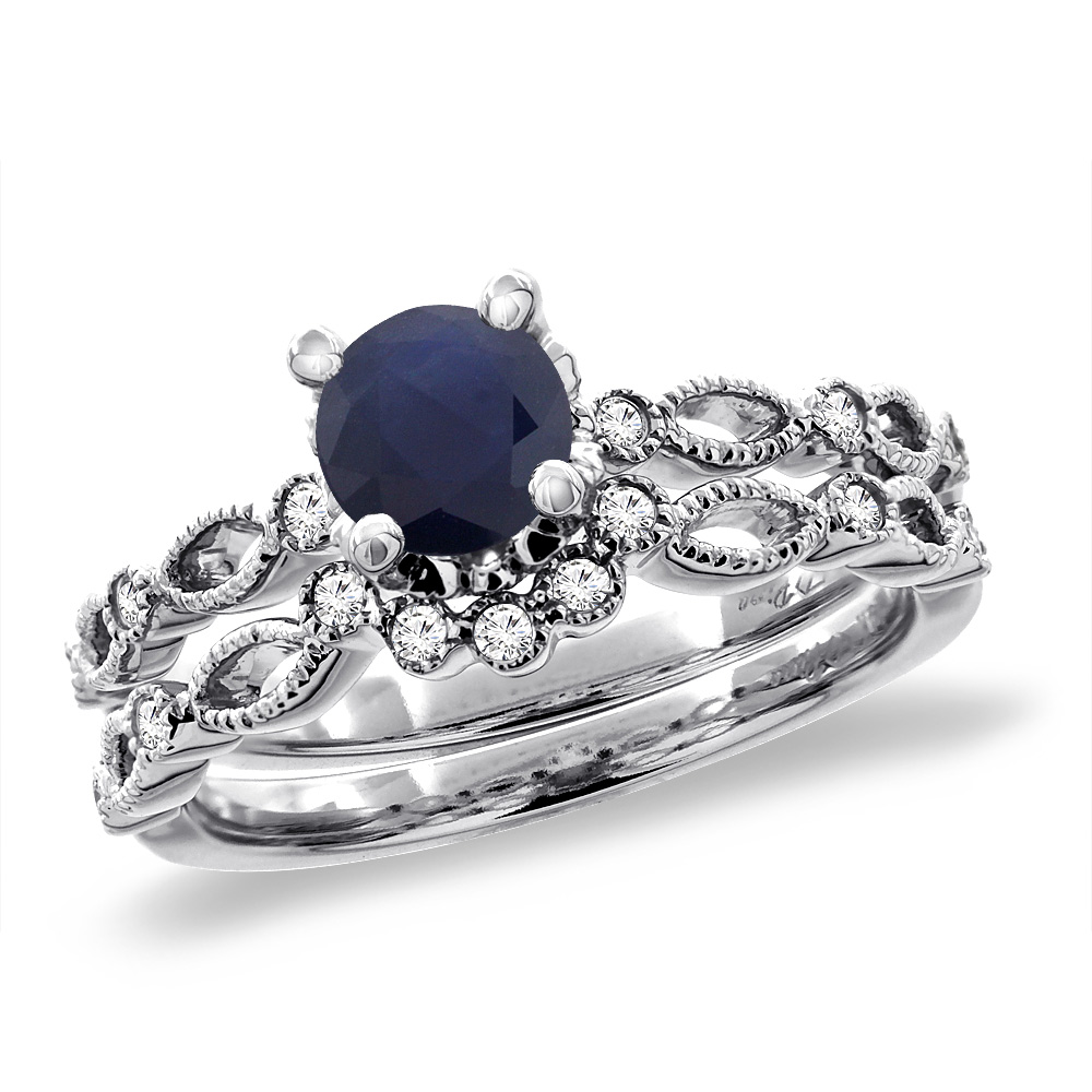 14K White Gold Diamond Natural Blue Sapphire 2pc Engagement Ring Set Round 5 mm, sizes 5 - 10