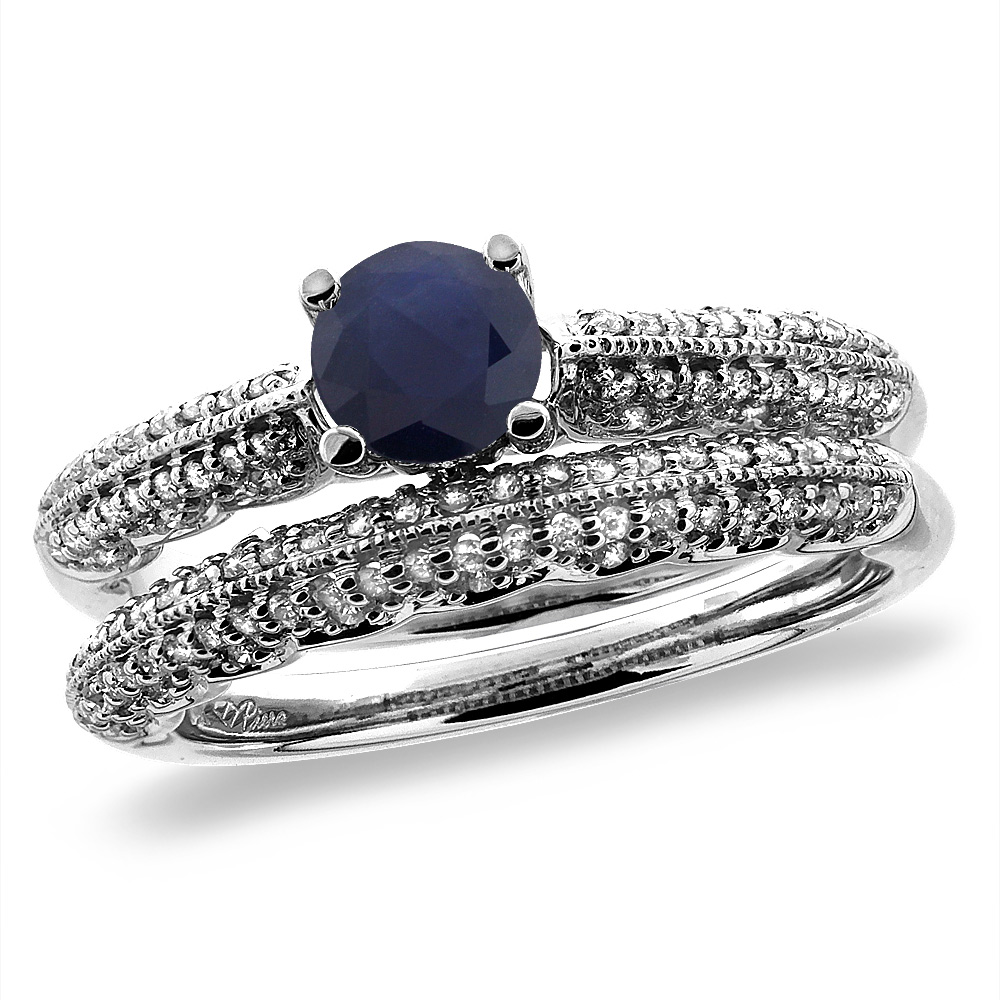 14K White/Yellow Gold Diamond Natural Blue Sapphire 2pc Engagement Ring Set Round 5 mm, size 5-10