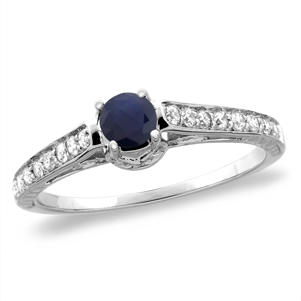 14K White/Yellow Gold Diamond Natural Blue Sapphire Engagement Ring Round 5 mm, size 5-10