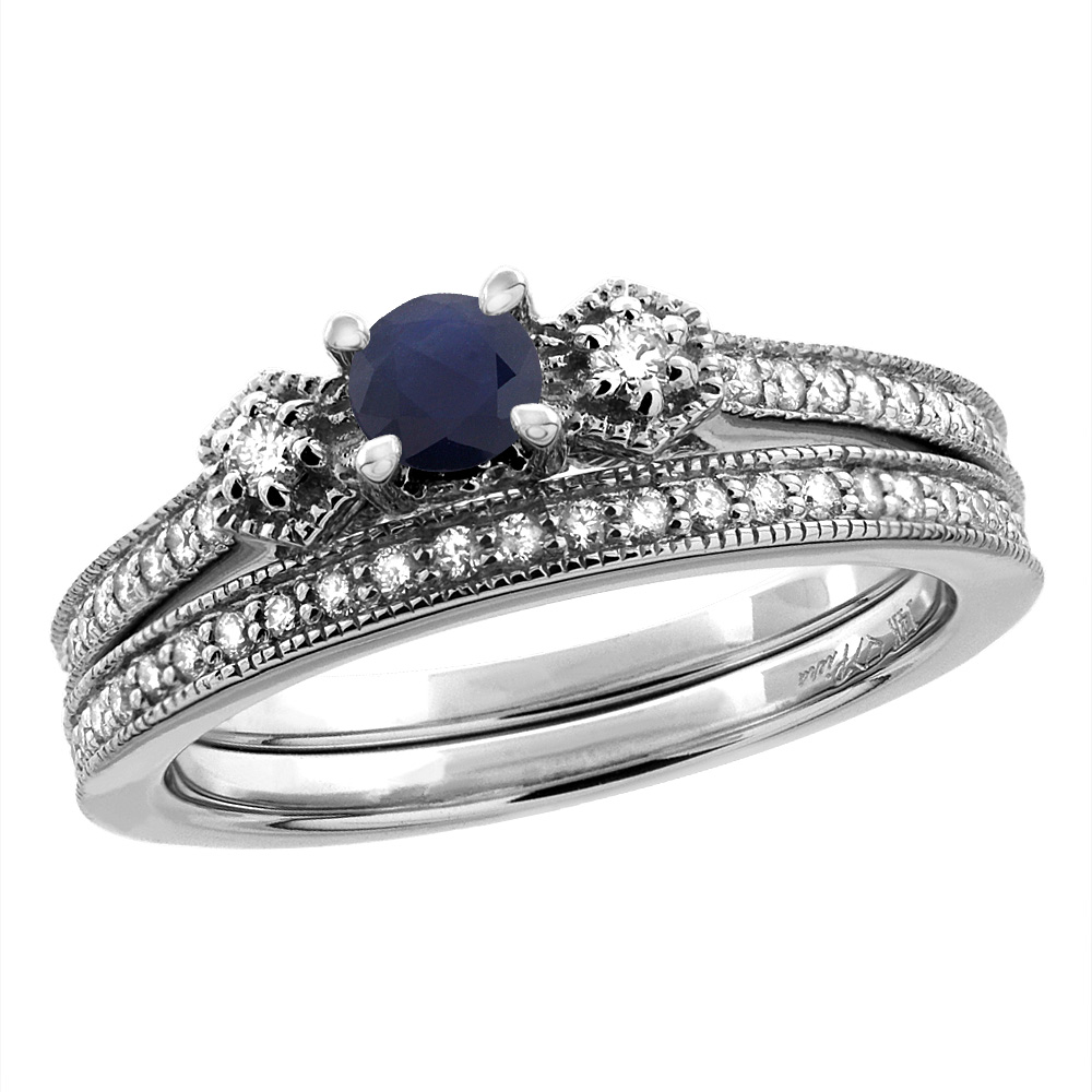 14K White/Yellow Gold Diamond Natural Blue Sapphire 2pc Engagement Ring Set Round 4 mm, sizes 5 - 10