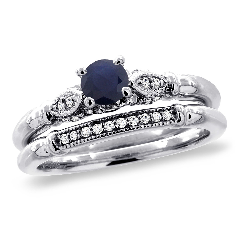 14K White Gold Diamond Natural Blue Sapphire 2pc Engagement Ring Set Round 4 mm, sizes 5 - 10