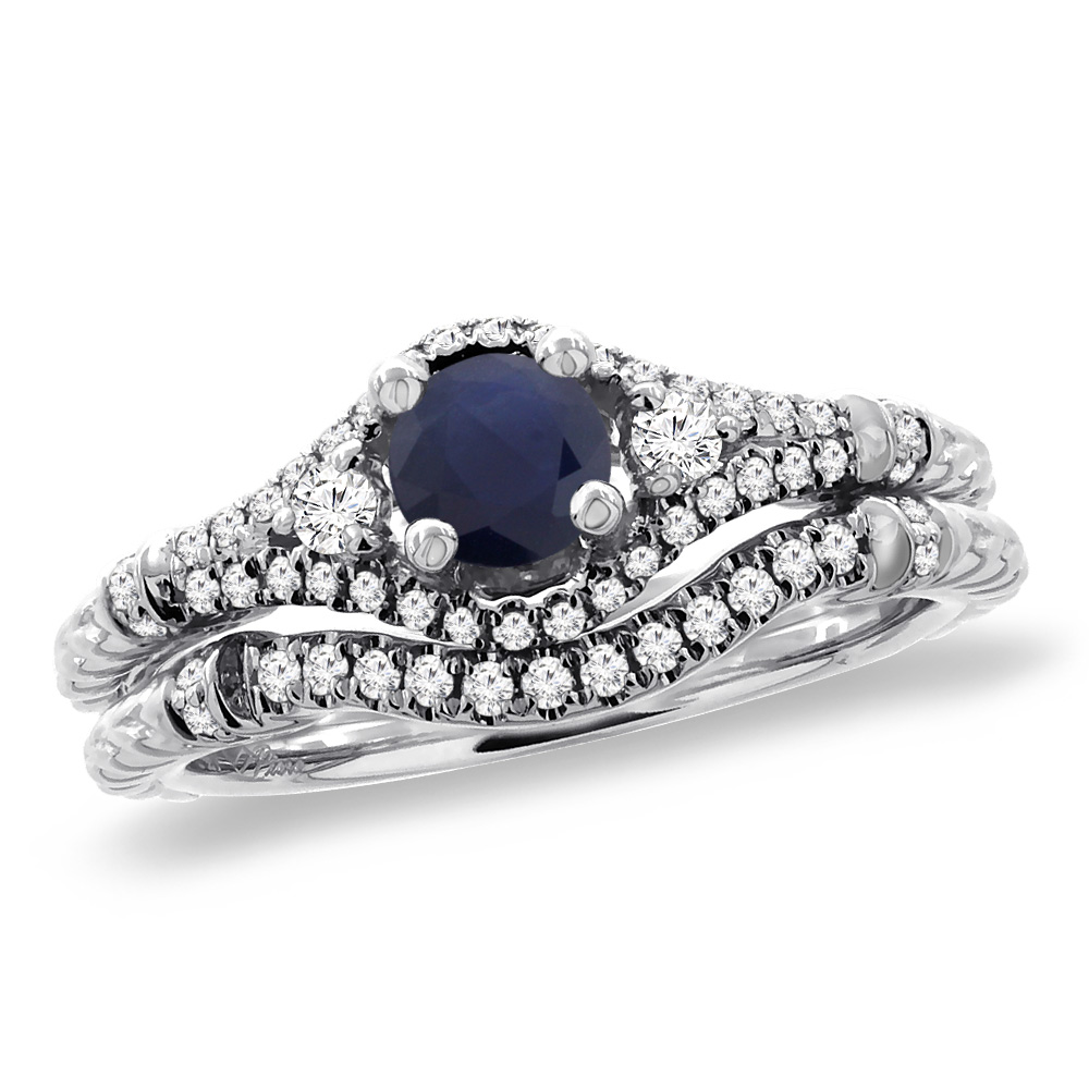 14K White Gold Diamond Natural Blue Sapphire 2pc Engagement Ring Set Round 4 mm, sizes 5 - 10