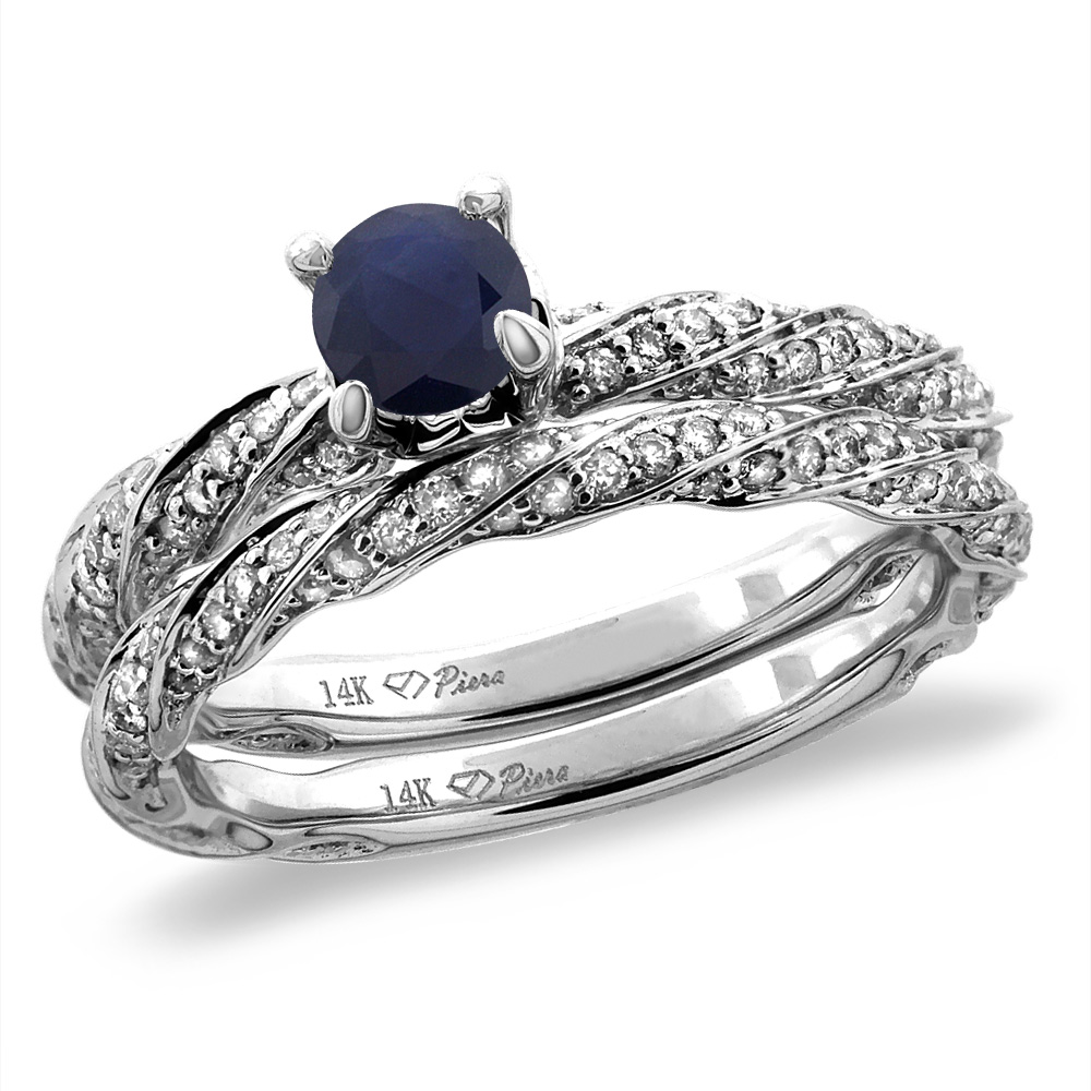 14K White/Yellow Gold Diamond Natural Blue Sapphire 2pc Twisted Engagement Ring Set Round 4 mm, size5-10
