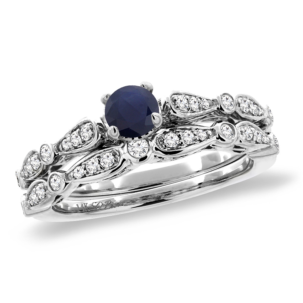 14K White Gold Diamond Natural Blue Sapphire 2pc Engagement Ring Set Round 4 mm, size5-10