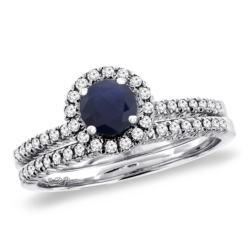 14K White Gold Diamond Natural Blue Sapphire 2pc Halo Engagement Ring Set Round 4 mm, size5-10