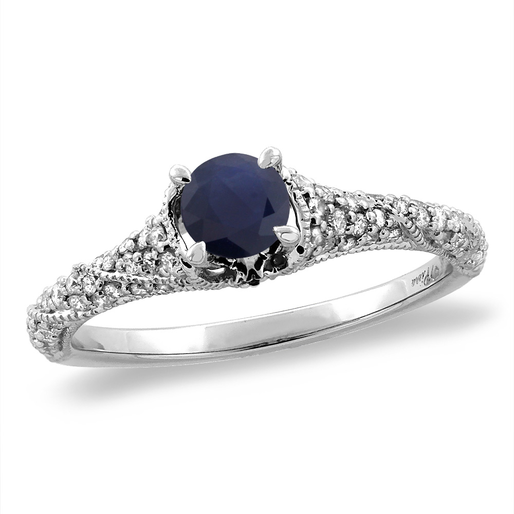 14K White/Yellow Gold Diamond Natural Blue Sapphire Engagement Ring Round 4 mm, sizes 5 -10